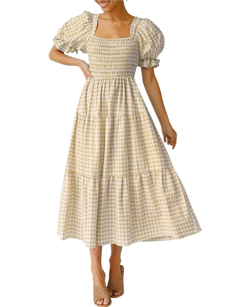 ZESICA Women's 2025 Bohemian Summer Plaid Square Neck Puff Sleeve Ruffle Flowy Beach Midi Dress | Amazon (US)