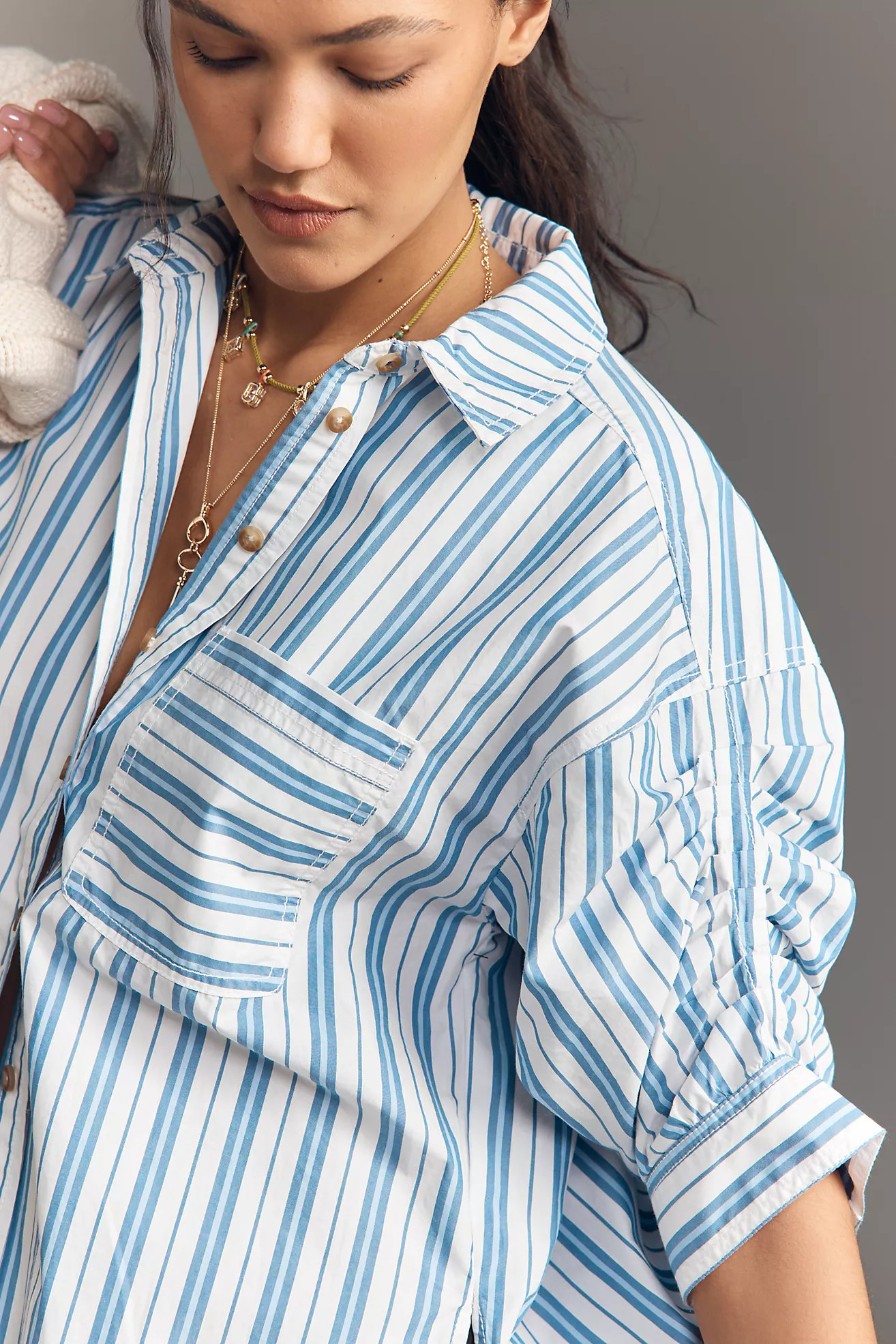 Pilcro Ruched Sleeve Buttondown Shirt | Anthropologie (US)
