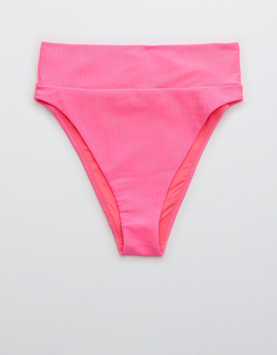 Aerie Ribbed Shine High Cut Cheeky Bikini Bottom | American Eagle Outfitters (US & CA)