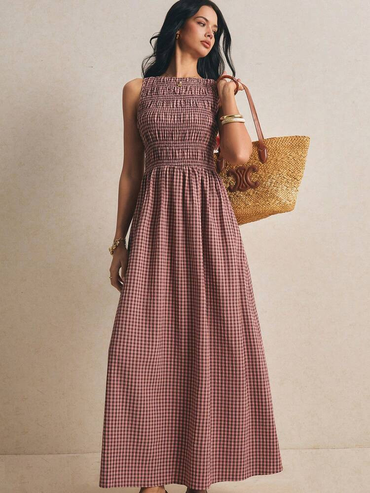 Po\u00e9selle Brown Gingham Plaid Summer Casual European Sexy Holiday Picnic Vacation Pleated Max... | SHEIN