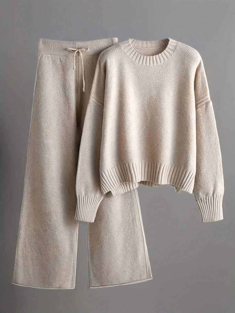 2pcs/Set Solid Color Crew Neck Long Sleeve Top And Pants Casual Outfit Fall Winter Cloth For Women Women'S Oversized Round Neck Sweater & Wide-Leg Pants Two-Piece Set - Soft Beige Casual Elegant Outfit, Drop Shoulder Long Sleeve Pullover With Ribbed Texture, Loose Fit Trousers Fall Winter Warmth, Cozy Everyday To Semi-Formal Wear, Sweaters Women, Sweater Dresses Women, Sweater Set Women Conjunto De Mujer Conjuntos Mujer Two Piece Set Women Buscar Christmas Outfit Women Winter Clothes For Women Vestido De Mujer Conjuntos Elegantes De Mujer Conjuntos Elegantes Winter Clothes For Women Christmas Outfit Women New Years Outfit Women Vacation Outfits Women Ropa De Invierno Mujer Dresses For Women Elegant Christmas Outfit | SHEIN