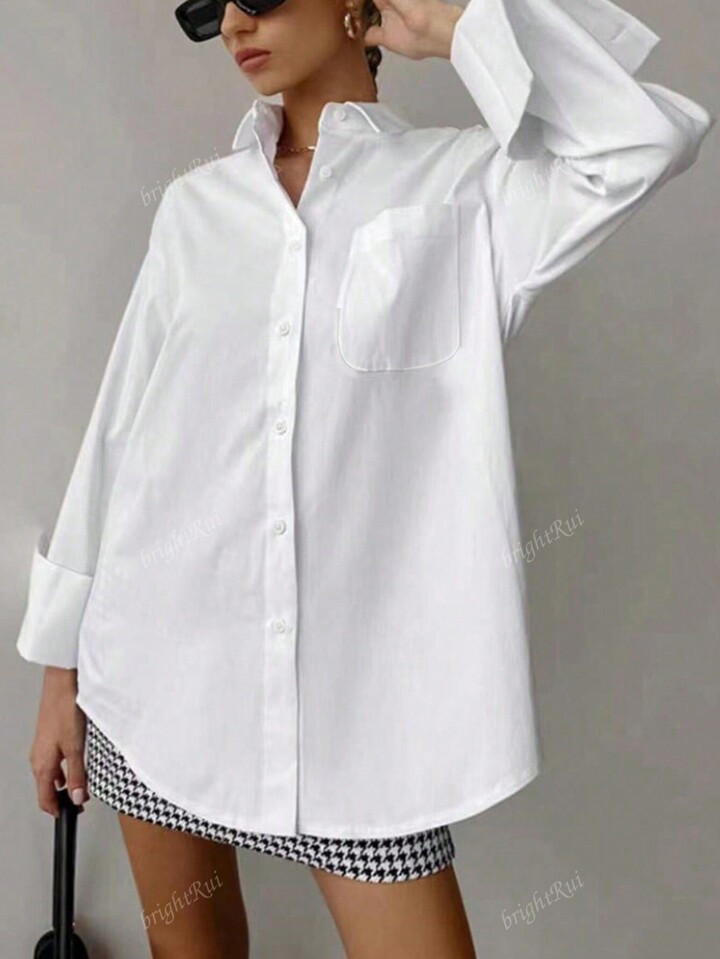 Women's Solid Color Button-Down Long Sleeve Shirt Rounded Pockets | SHEIN