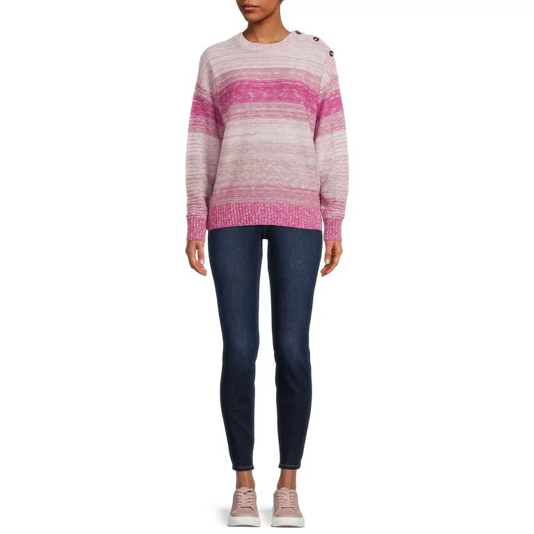 Time and Tru Women's Button Shoulder Striped Sweater, Lightweight, Sizes XS-XXXL - Walmart.com | Walmart (US)