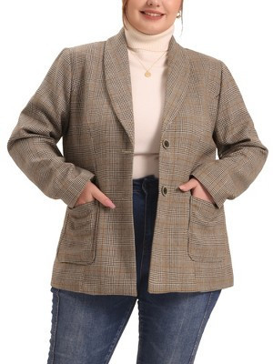 Agnes Orinda Women's Plus Size Plaid Formal Notched Lapel Blazer Brown 1X | Target