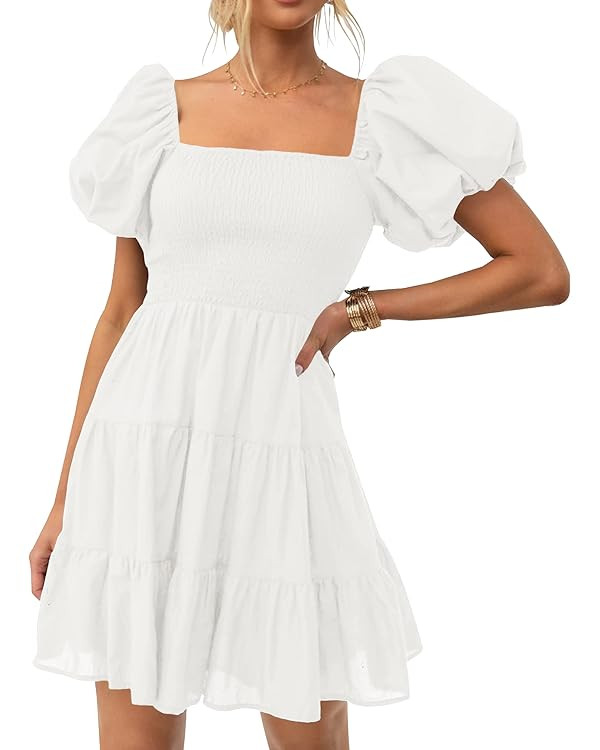ZESICA Women's 2023 Boho Summer Square Neck Puff Sleeve Off Shoulder Smocked Tiered Casual A Line... | Amazon (US)