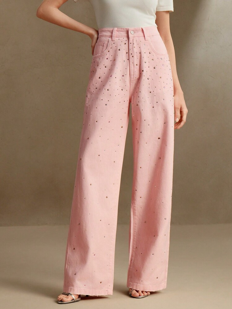 Anewsta Jeans Rosa Feminina Com Perna Reta E Aplicação De Strass | SHEIN