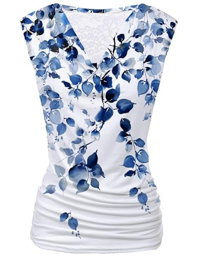 Zeagoo V Neck T Shirts for Women Elegant Sleeveless Business Casual Pleated Tank Top Blue Leaf | Amazon (US)
