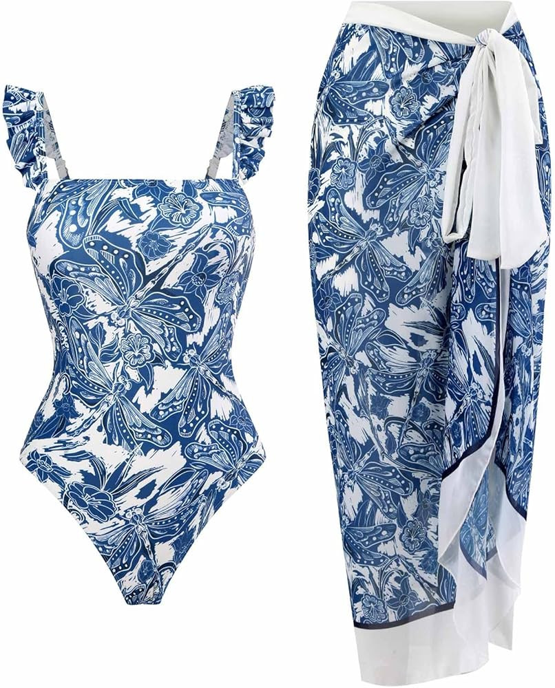 2 Piece Bathing Suit for Women High Waisted One Piece Swimsuit Monokini with Maxi Skirt Cover Up ... | Amazon (US)