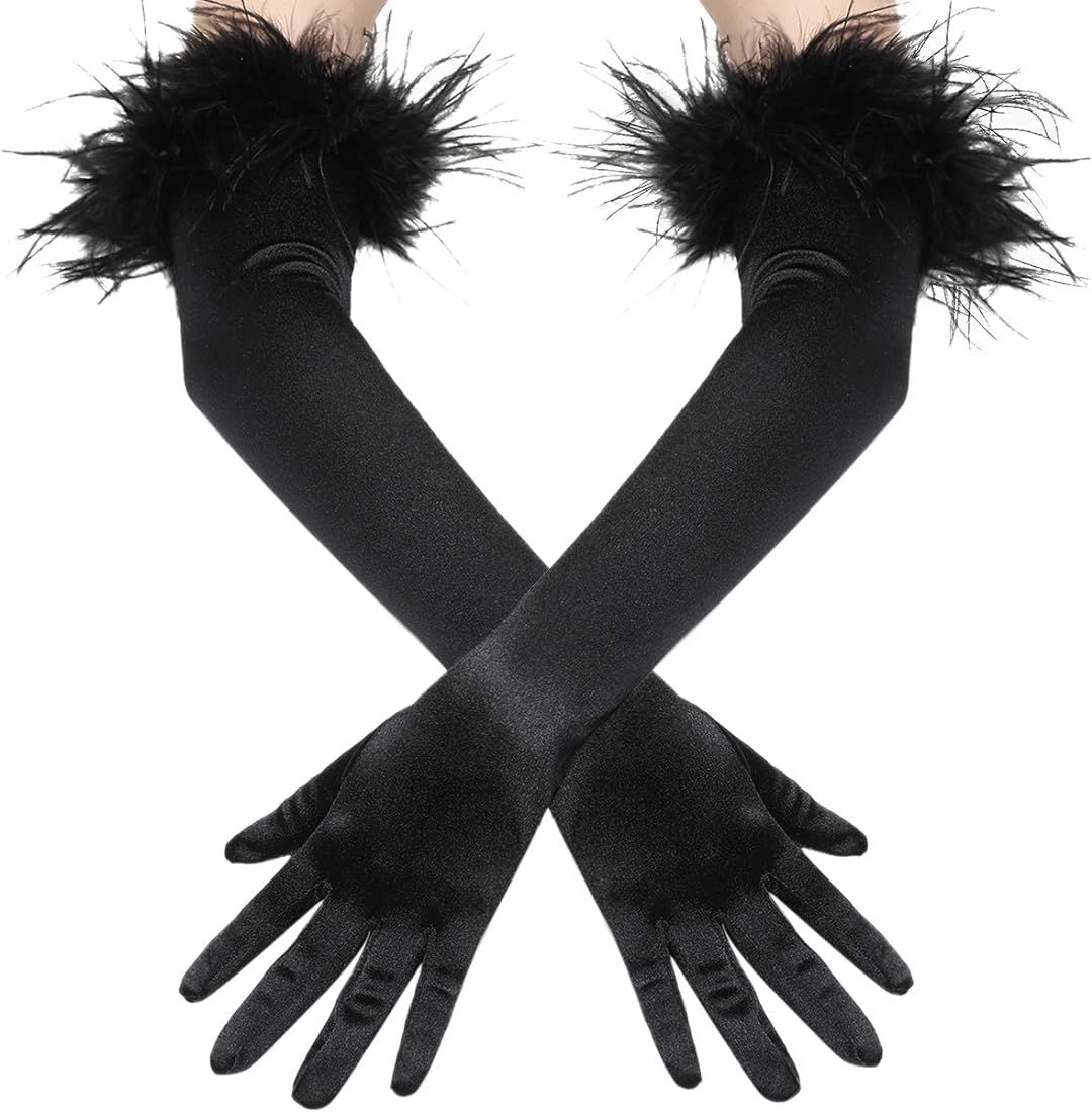 BABEYOND Long Satin Opera Gloves - Pageant Feather Gloves 1920s Stretchy Elbow Gloves for Halloween  | Amazon (US)