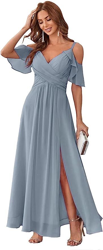Stylefun Women's Cold Shoulder Chiffon Bridesmaids Dresses with Slit Long Formal Party Dress for ... | Amazon (US)