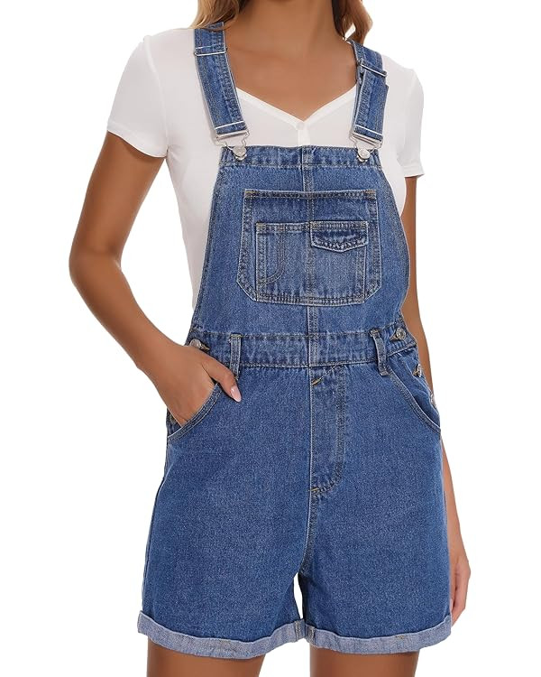 Women's Denim Shortalls Casual Adjustable Straps High Waist Bib Jeans Overalls Shorts Romper with... | Amazon (US)