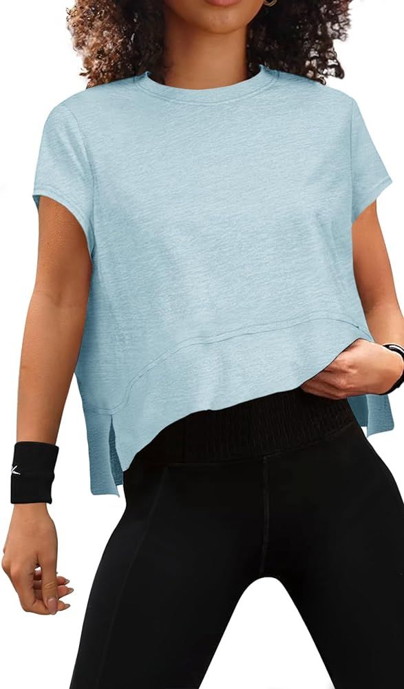 MEROKEETY Womens Summer Short Sleeve Crop Tops Side Slit Athletic Gym Workout Yoga Tee Shirts | Amazon (US)