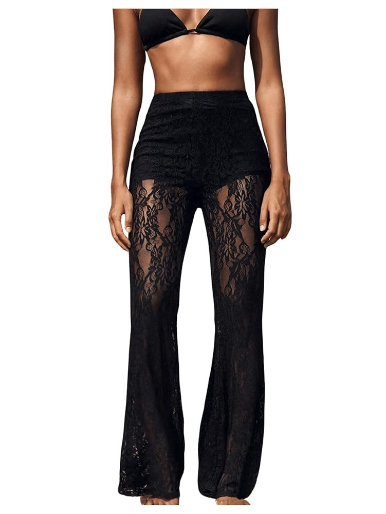 Women's Floral Lace Sheer Mesh Flare Pants Elastic High Waisted Long Trousers | Amazon (US)