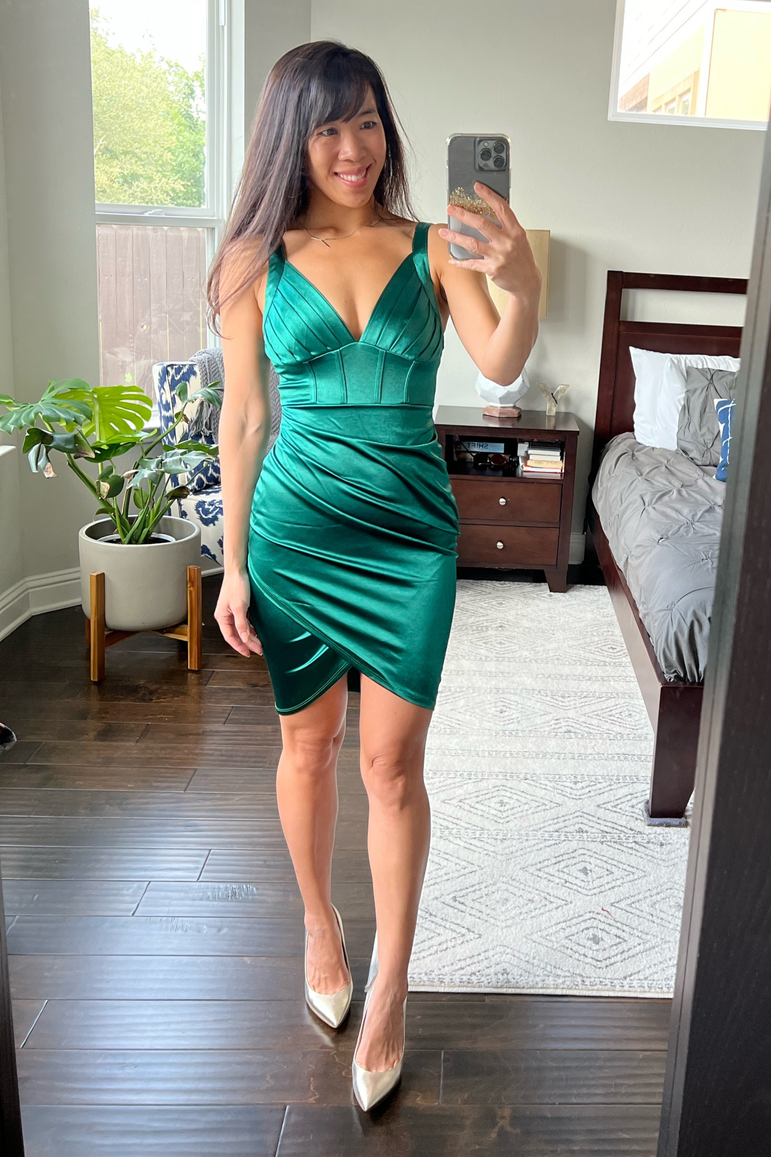 SHEIN dress. Ruched Tulip Hem Satin dress - wedding guest dress, date night dress, holiday dress, sexy dress. Wearing a size XS and fits TTS bodycon style (size up one of you want a slightly less tight fit)

#LTKunder50 #LTKSeasonal #LTKshoecrush