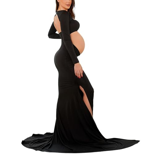 Bhome Maternity Dress for Photoshoot Cut-Out Backless Side Split Maternity Maxi Gown for Photoshoot Black XL | Amazon (US)