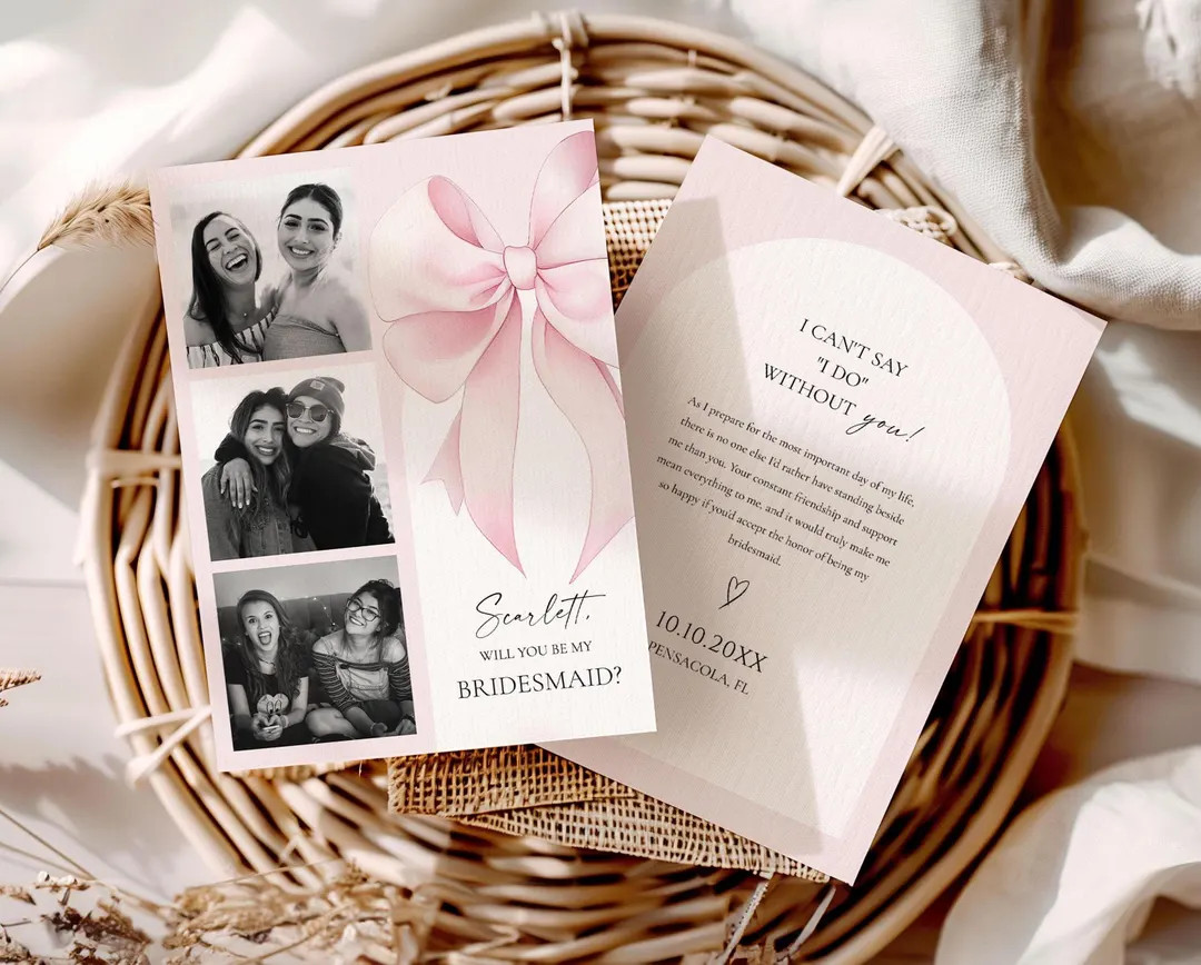 Pink Bow Bridesmaid Proposal Card Template, Will You Be My Bridesmaid Photo Card Template •INST... | Etsy (US)