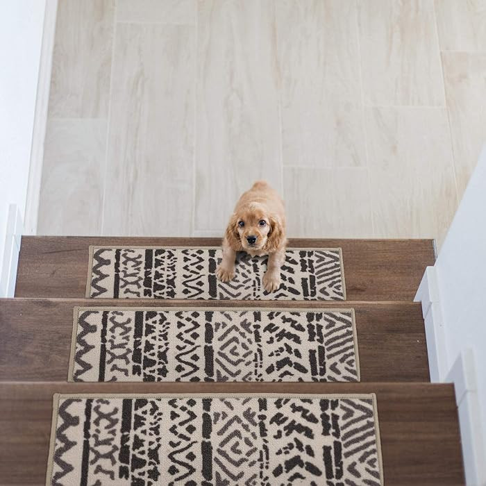 Rugshop Bohemian Design Geometric Non-Slip (Non-Skid) Stair Treads (Set of 4) 8.6" x 26" Cream/Be... | Amazon (US)