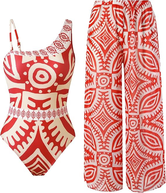 Women’s One Piece Swimsuit with Cover Up Set, One Shoulder Two Piece Bathing Suits with Wrap Sk... | Amazon (US)