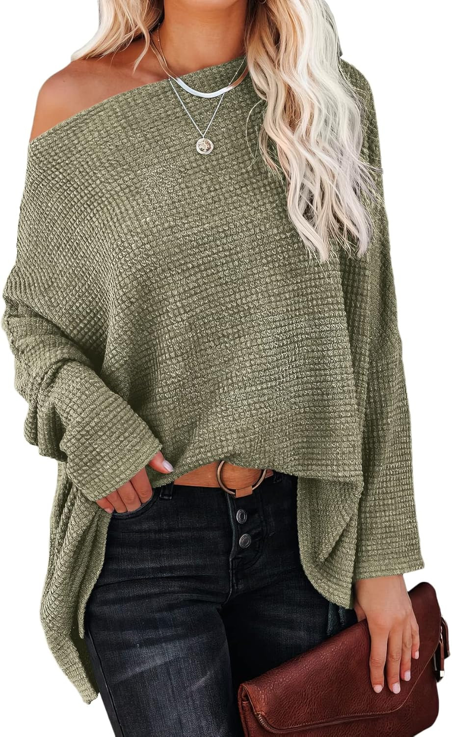 ANRABESS Women Casual Loose Off Shoulder Long Batwing Sleeve Waffle Knit Oversized Pullover Shirt... | Amazon (US)
