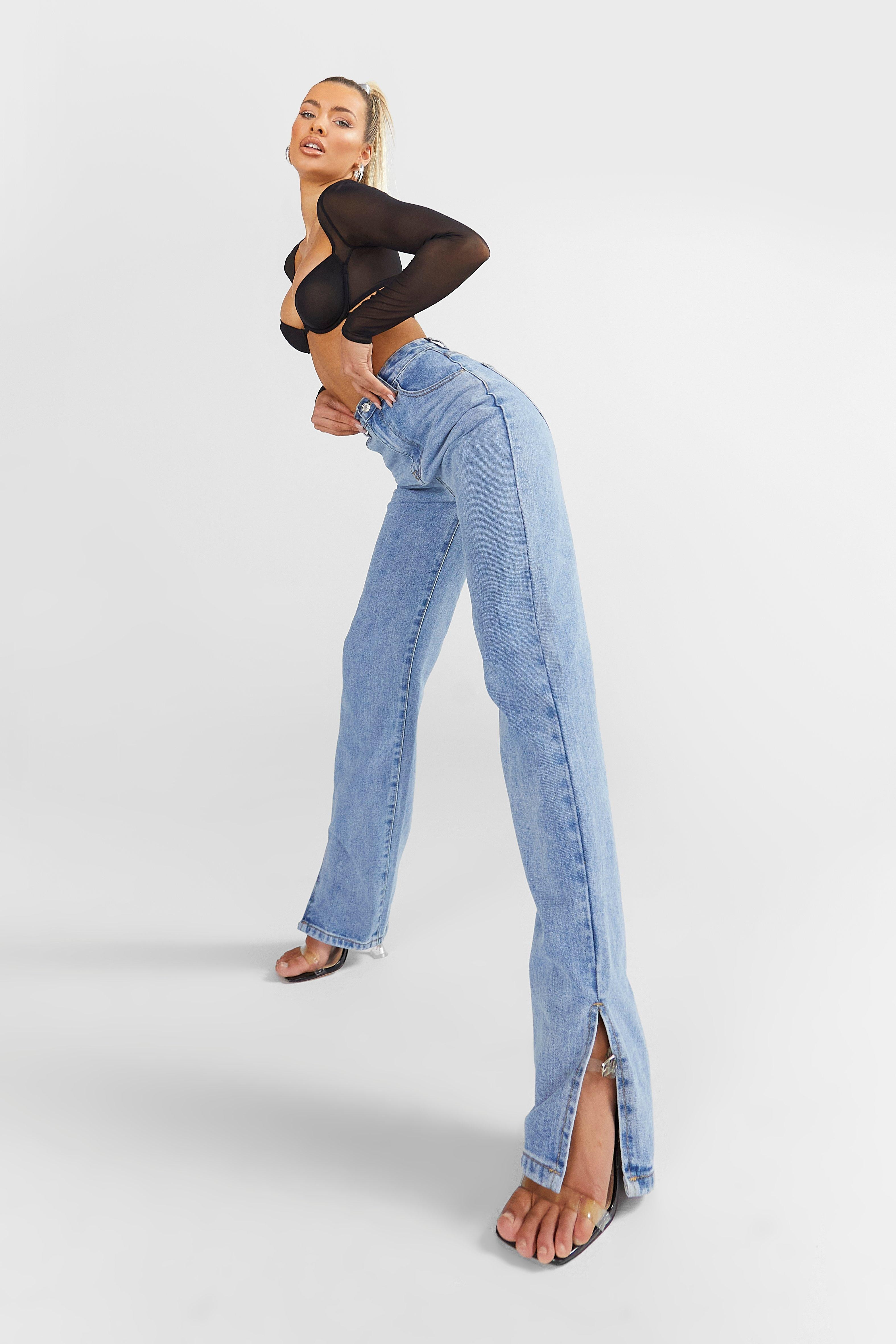 High Waisted Split Straight Leg Jeans | boohoo (US & Canada)