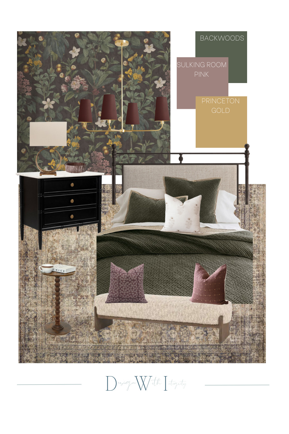 Moody Bedroom Remodel with Floral Wallpaper and Jewel Tones

This bedroom remodel mood board brings a bold, moody aesthetic to life with dramatic floral wallpaper and a rich color palette. Featuring Sherwin Williams Backwoods, Sulking Room Pink, and Princeton Gold, the design layers deep greens with plum accents and warm gold lighting for a sophisticated retreat. A black nightstand, vintage rug, and textured bedding complete the look, perfect for anyone seeking a romantic yet modern bedroom design. Shop the full look on LTK.

#BedroomRemodel #MoodyBedroom #BedroomInspiration #FloralWallpaper #JewelToneDecor #InteriorDesignMoodBoard #BedroomMoodBoard #LTKHome #BedroomStyling #BoldInteriors #InteriorDesignTrends 

 #LTKHome