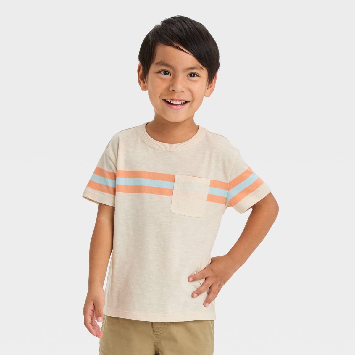 Toddler Boys' Short Sleeve Chest Striped Pocket T-Shirt - Cat & Jack™ Cream 3T | Target