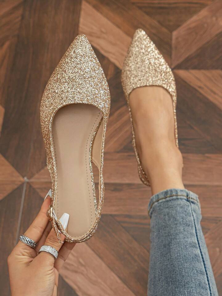 Women Glitter Point Toe Flats, Glamorous Glitter Slingback Flats | SHEIN