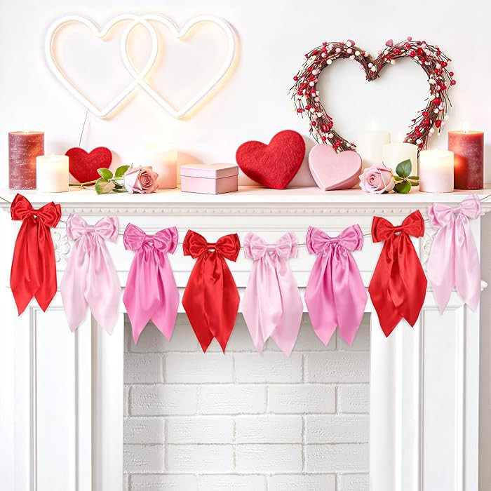 Valentine's Day Bow Garland Banner, Red Pink Satin Ribbon Bows Banner Valentines Galentines Day B... | Amazon (US)