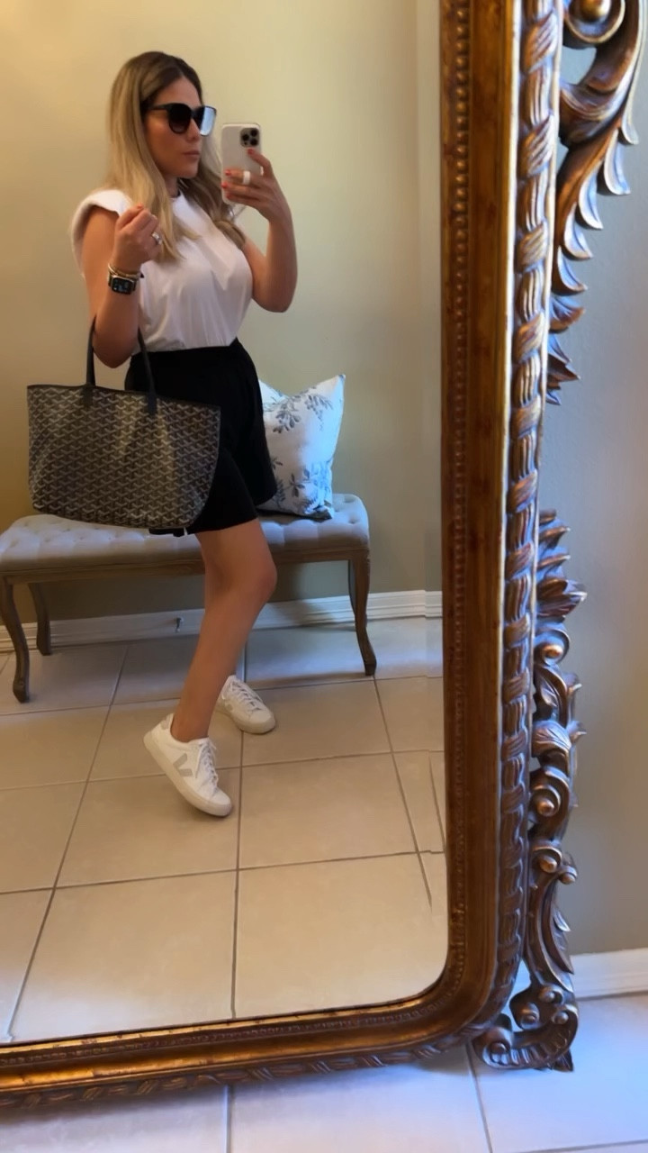 Mom outfit
Running errands
School drop off
Pick up
Chic
Shoulder pad tee shirt 
Dressy black Bermuda shorts
Veja sneakers
Campo
Goyard tote
Diff sunglasses 
Gia oversized 
BOGO FREE

#LTKshoecrush #LTKSeasonal #LTKsalealert