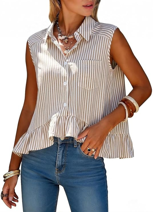 EXLURA Women Summer Top 100% Cotton Faux Linen Sleeveless Shirts Cropped Peplum Tops Casual Strip... | Amazon (US)