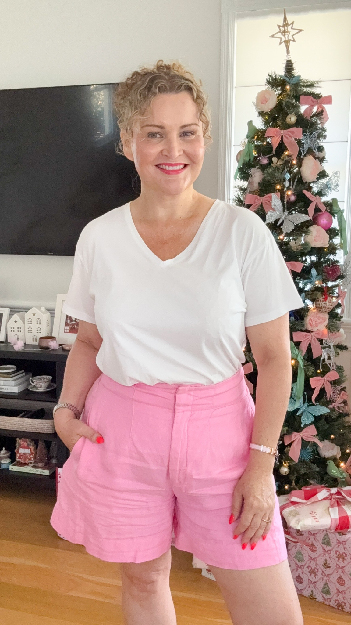 Welcome to 12 Days Of Pinkmas! Where I share all things pink and Christmas, with the aim to inspire you to add a pop of pink to your life this festive season 💖 Let’s kick off Day 1  with what I wore today:
White tshirt from Trenery (not current but similar style linked below) I’m wearing a size 12. 
Pink shorts from country road - other colours linked below. I’m wearing a size 14. 



#LTKsummer #LTKover50style #LTKaustralia