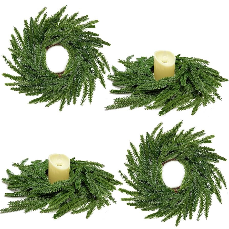 13.5 Inch Norfolk Pine Wreath Candle Rings, 4 Pcs Realistic Soft and Full Mini Christmas Wreath T... | Amazon (US)