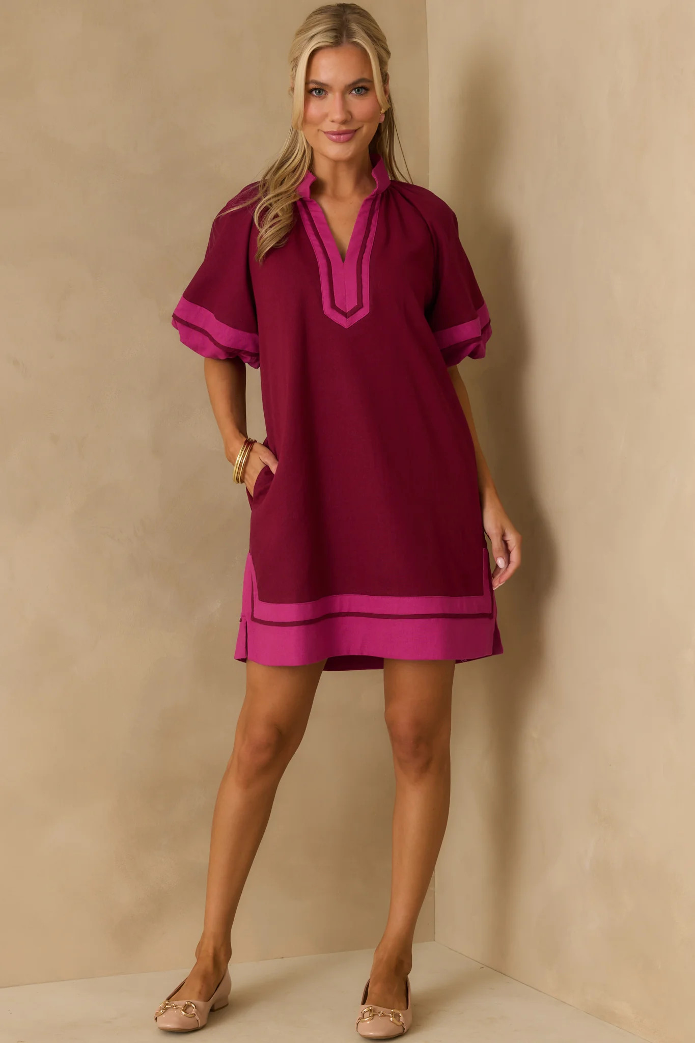 Made It Work Berry Linen Blend Short Sleeve Mini Dress | Red Dress