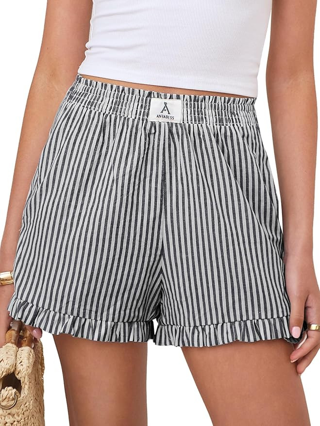 ANRABESS Boxer Shorts for Women,Gingham Plaid Elastic Waist Ruffle,Perfect for Lounge,Pajama&Slee... | Amazon (US)