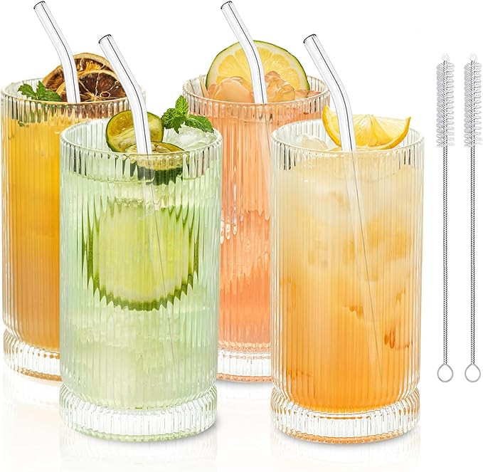 KEMORELA Vintage Ribbed Glassware Set, 16oz XL Drinking Glasses With Straws, Ribbed Glassware Set... | Amazon (US)