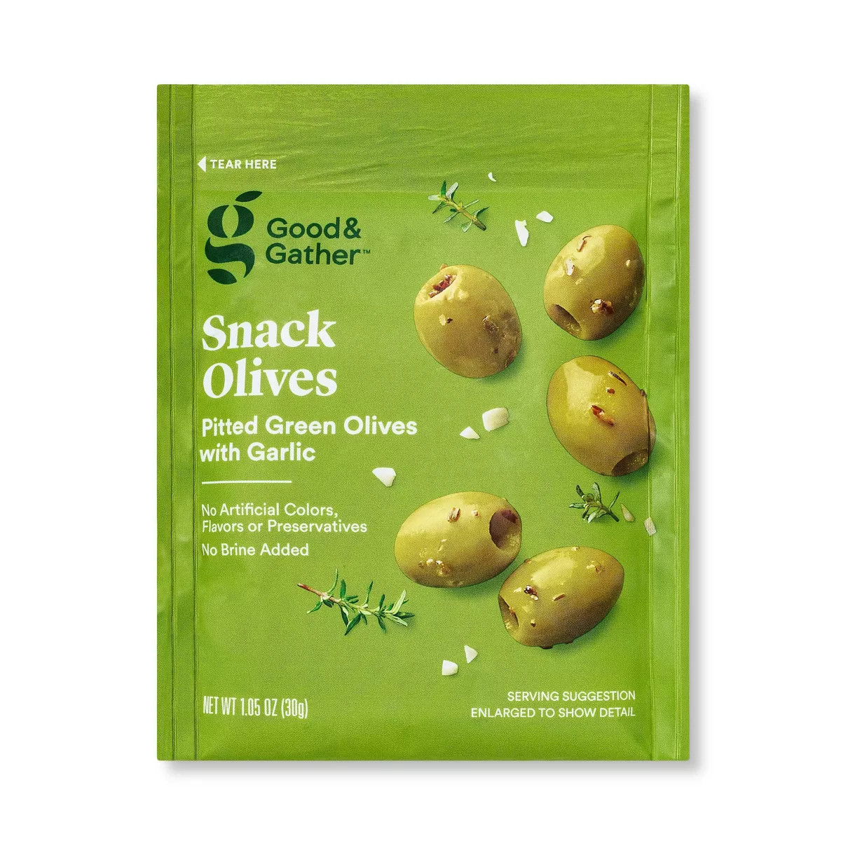 Pitted Green Olives with Garlic Snack Pouch - 1.05oz - Good & Gather™ | Target