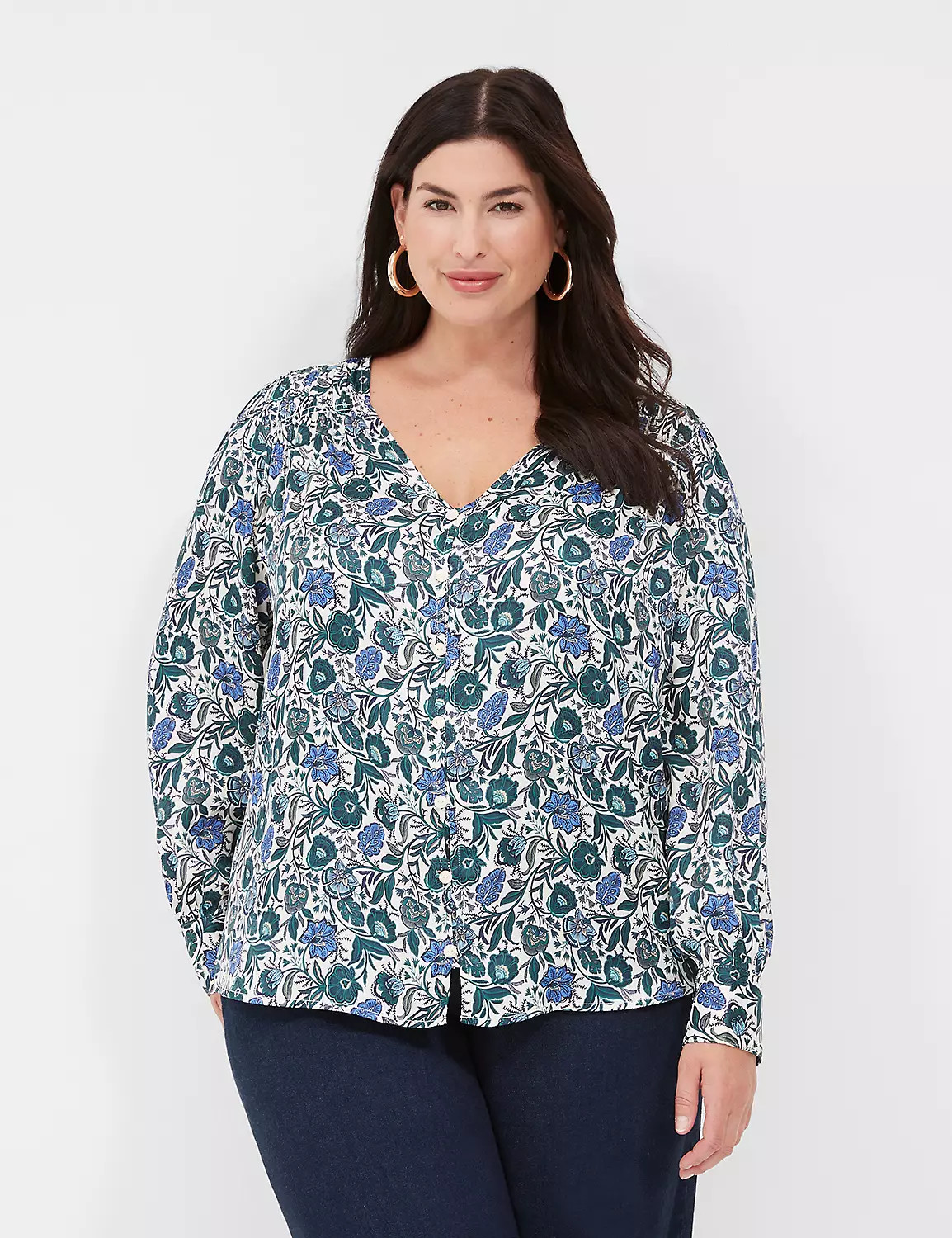 Ruched Button-Front Knit & Woven Blouse | LaneBryant | Lane Bryant (US)