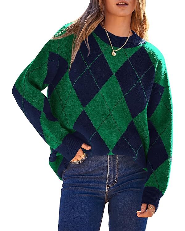 BTFBM Womens Sweaters Fall 2023 Argyle Oversized Sweater Crew Neck Long Sleeve Pullover Knit Plai... | Amazon (US)