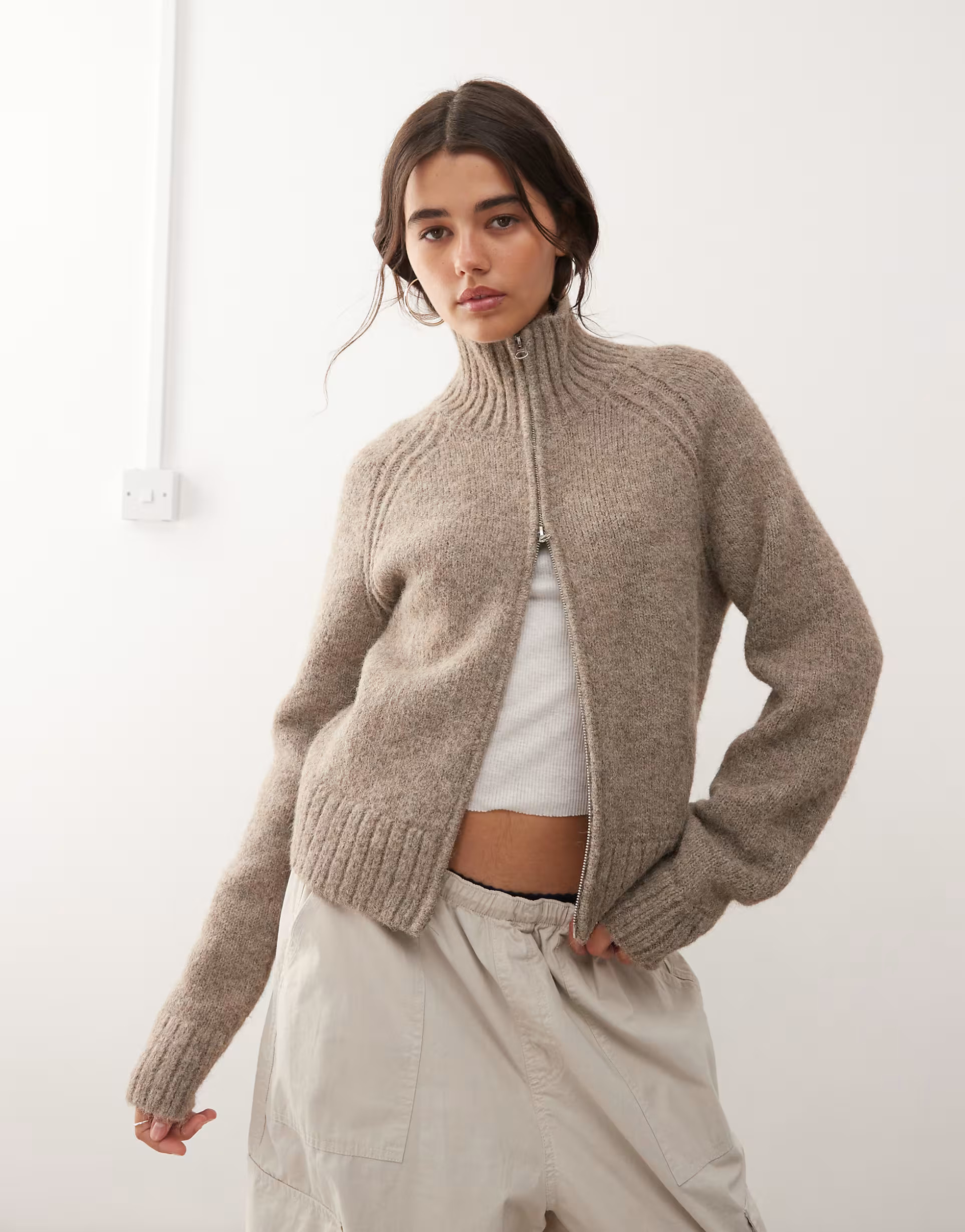 Weekday wool blend fuzzy knit zip through cardigan in dark mole melange | ASOS | ASOS (Global)