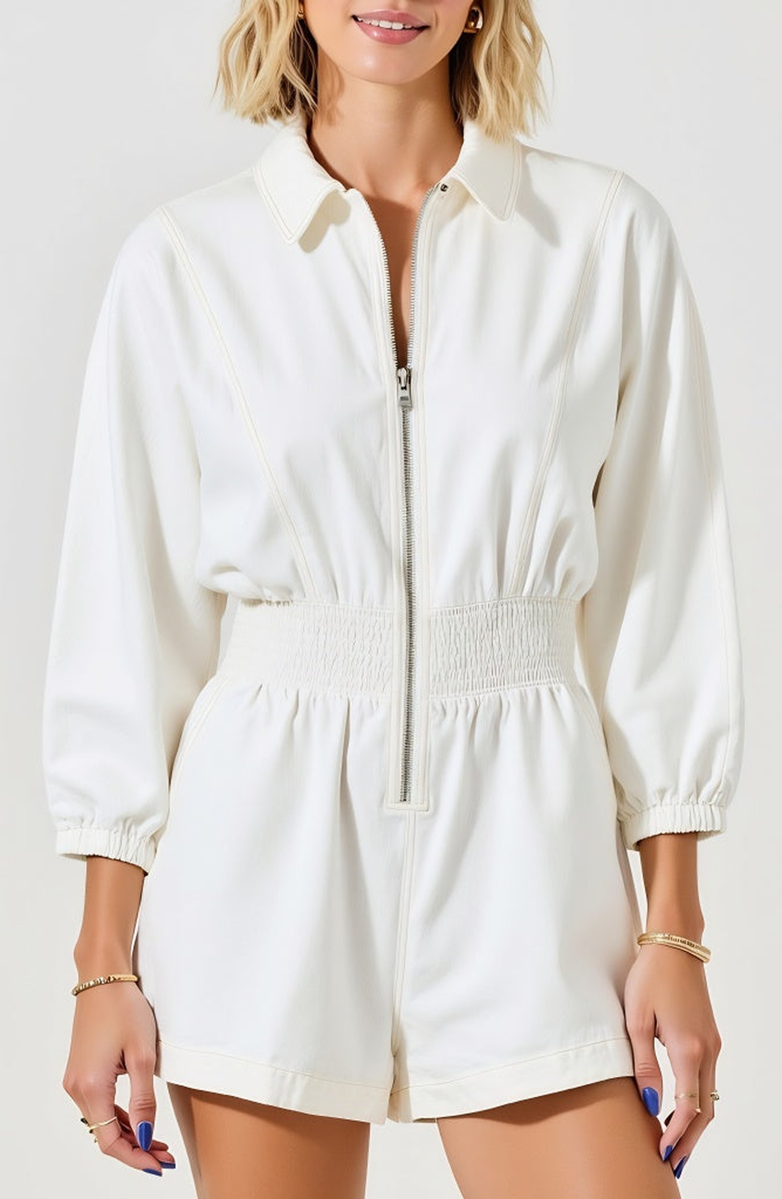 Modenaire Zip Front Long Sleeve Romper with Elastic Waist and Collar Detail | Nordstrom | Nordstrom