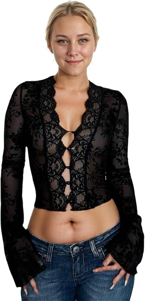 OCUH Sexy Lace Blouse Women Long Bell Sleeve Button Up Deep V Neck Tops Mesh Sheer Ladies Tops Co... | Amazon (US)