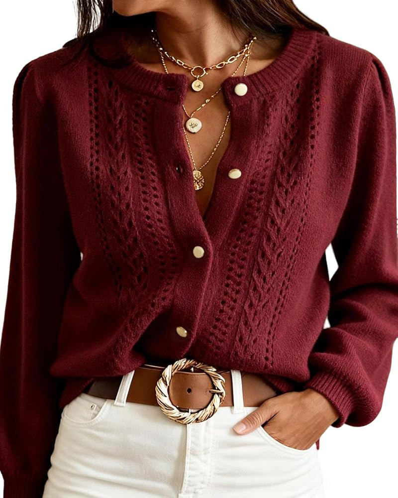 Cardigan Sweaters Women's Chunky Knit Sweater Long Sleeve Round Neck Button Pullover Women Tops F... | Amazon (US)