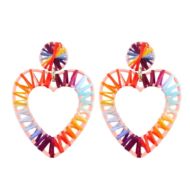 Large Rainbow Heart Woven Raffia Statement Earrings | Etsy (US)