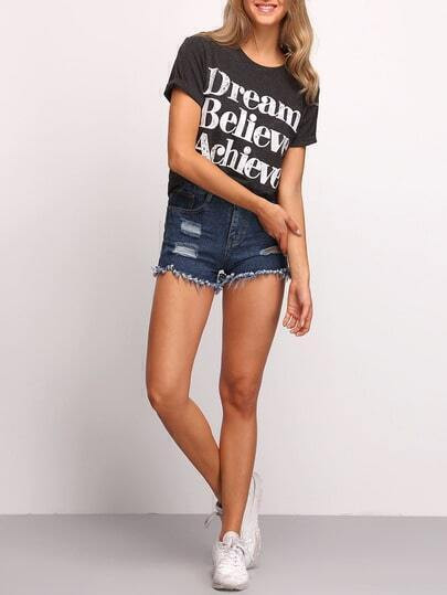 Dark Grey Letter Print T-Shirt | SHEIN