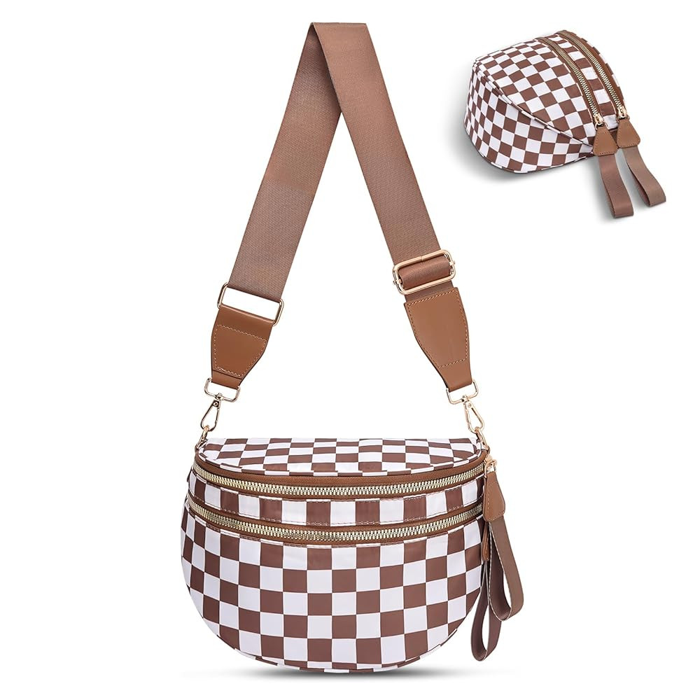 Checkered Crossbody Bag,Nylon Bum Bags for Women Crossbody,Spacious Sling Bag Purse Fanny Packs w... | Amazon (US)