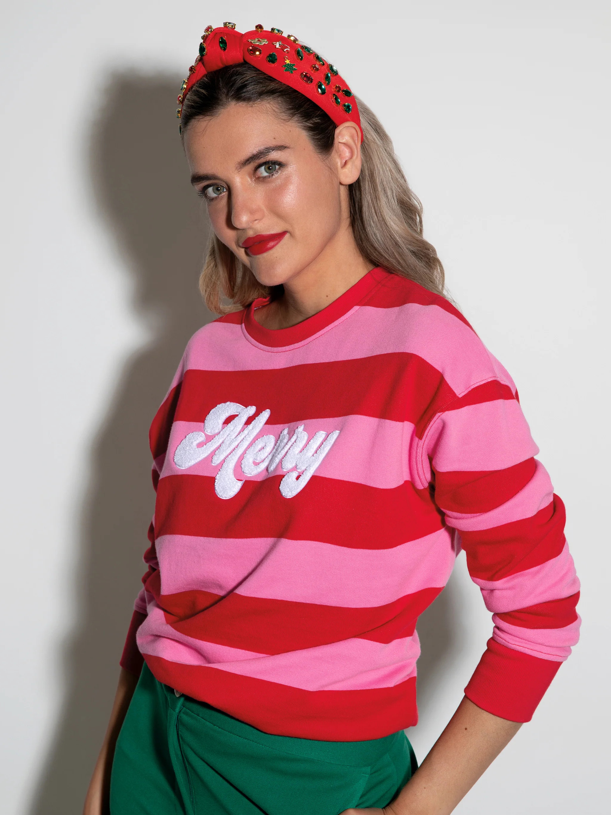 Shiraleah "Merry" Stripe Classic Sweatshirt, Pink | Shiraleah