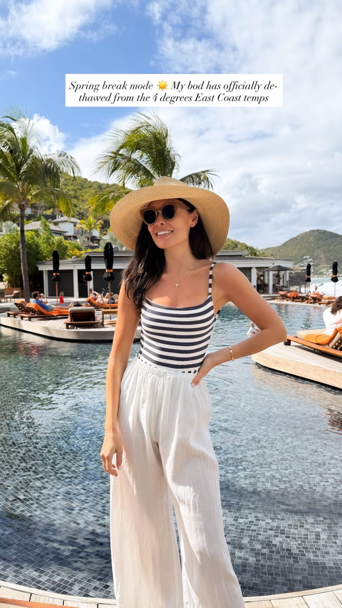 Spring break, vacation outfit, swimsuit, stripe swimsuit, one piece swim, sun hat, linen pants. Swimsuit is linked on my IG stories! 

#LTKTravel #LTKSeasonal #LTKootd