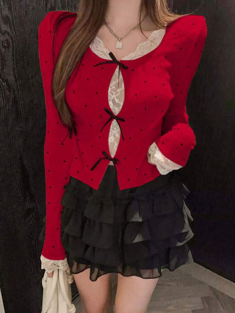 Red Cardigan With Lace Sleeves christmas | SHEIN
