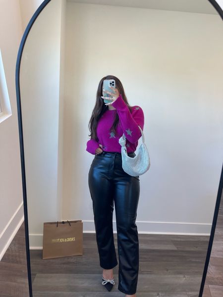 Vegan leather curve love 90’s straight leg pants in black, Abercrombie winter outfits, zadig et voltaire star sweater in berry, Amazon Mach and Mach dupes in black and silver glitter bag, cult Gaia dupe 

#LTKworkwear #LTKcurves #LTKSeasonal