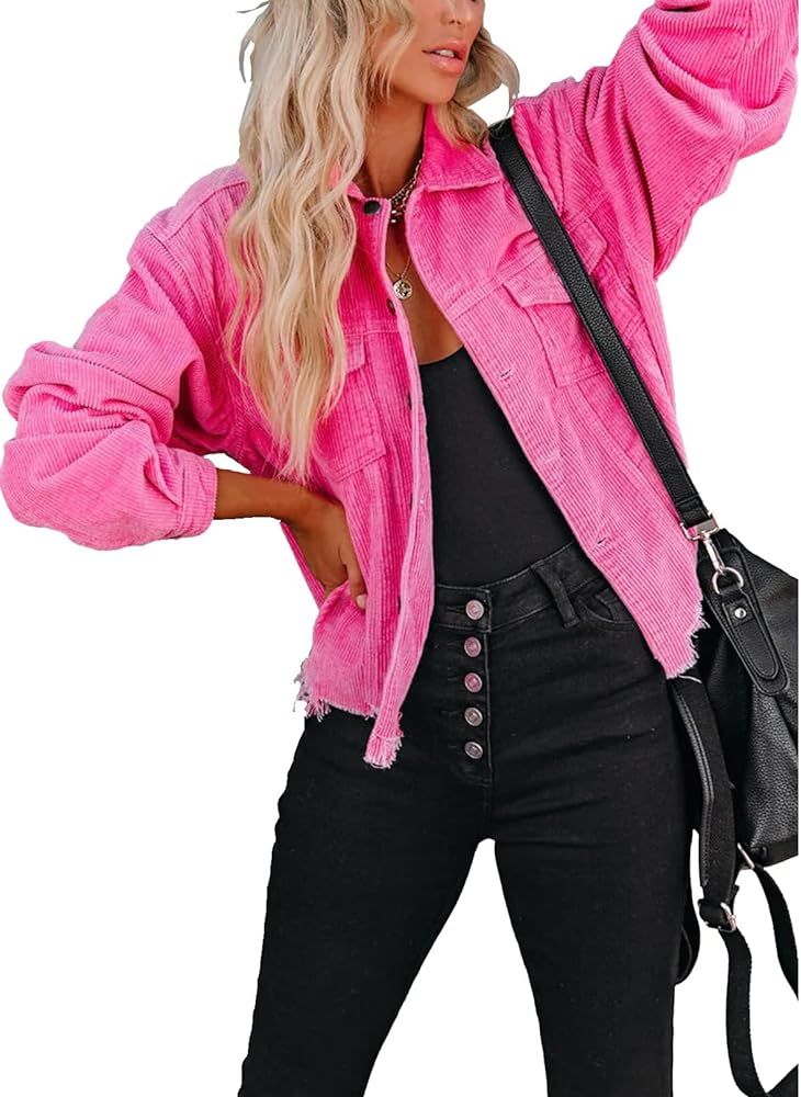 RAISECOM Womens Fall Fashion 2023 Corduroy Jacket for Women Long Sleeve Cropped Shacket Button Do... | Amazon (US)